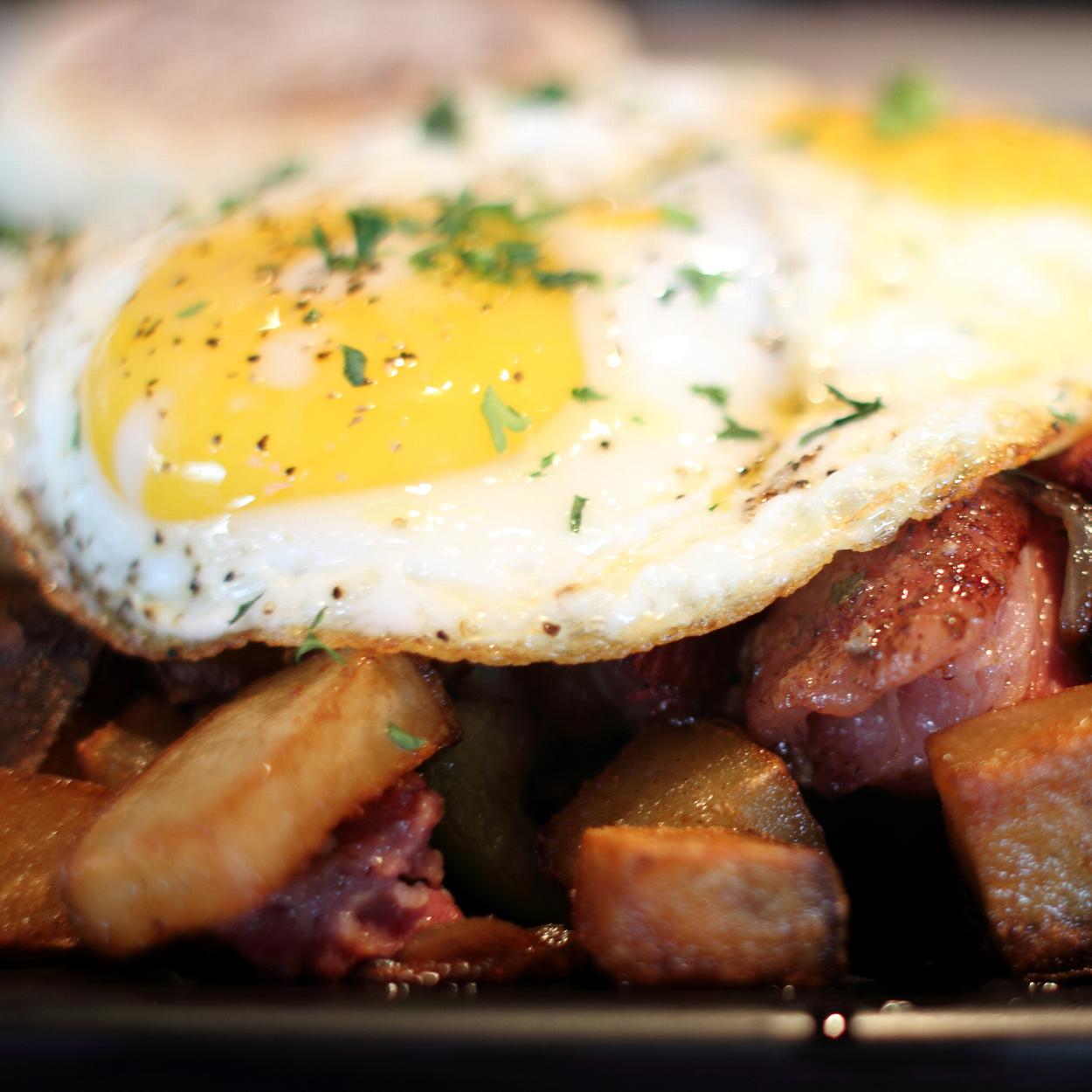 Fried egg and breakfast hash